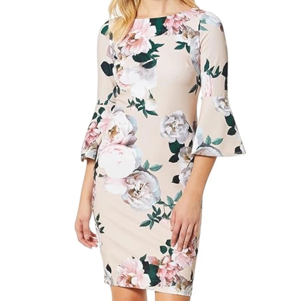 Calvin Klein Pink Floral Sheath Dress with Bell Sleeves
